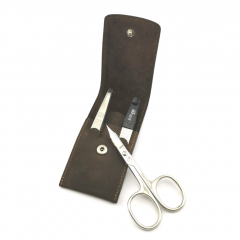 Manikre Etui - mittelbraunes Echtleder - Nagelhautschere Pinzette Nagelfeile - 4 teilig